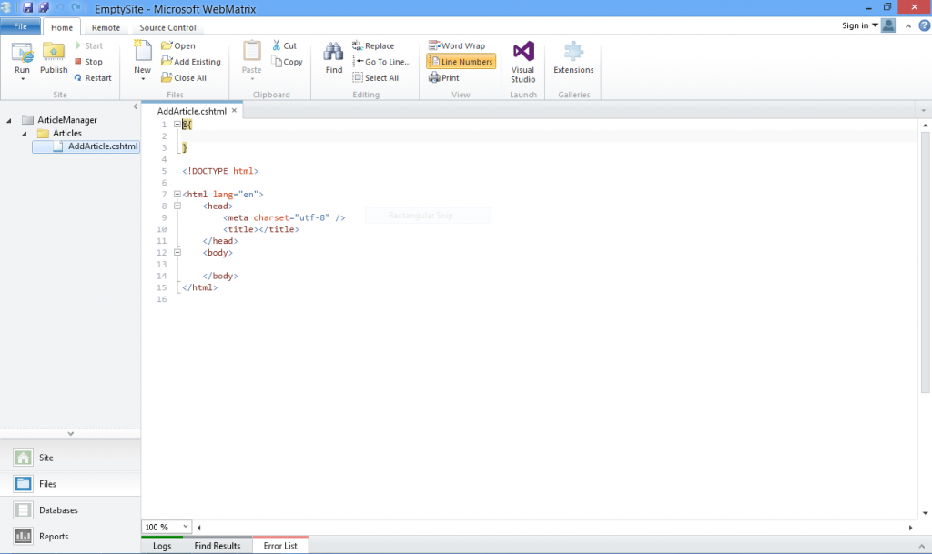 Figure 3: WebMatrix minimal web page
